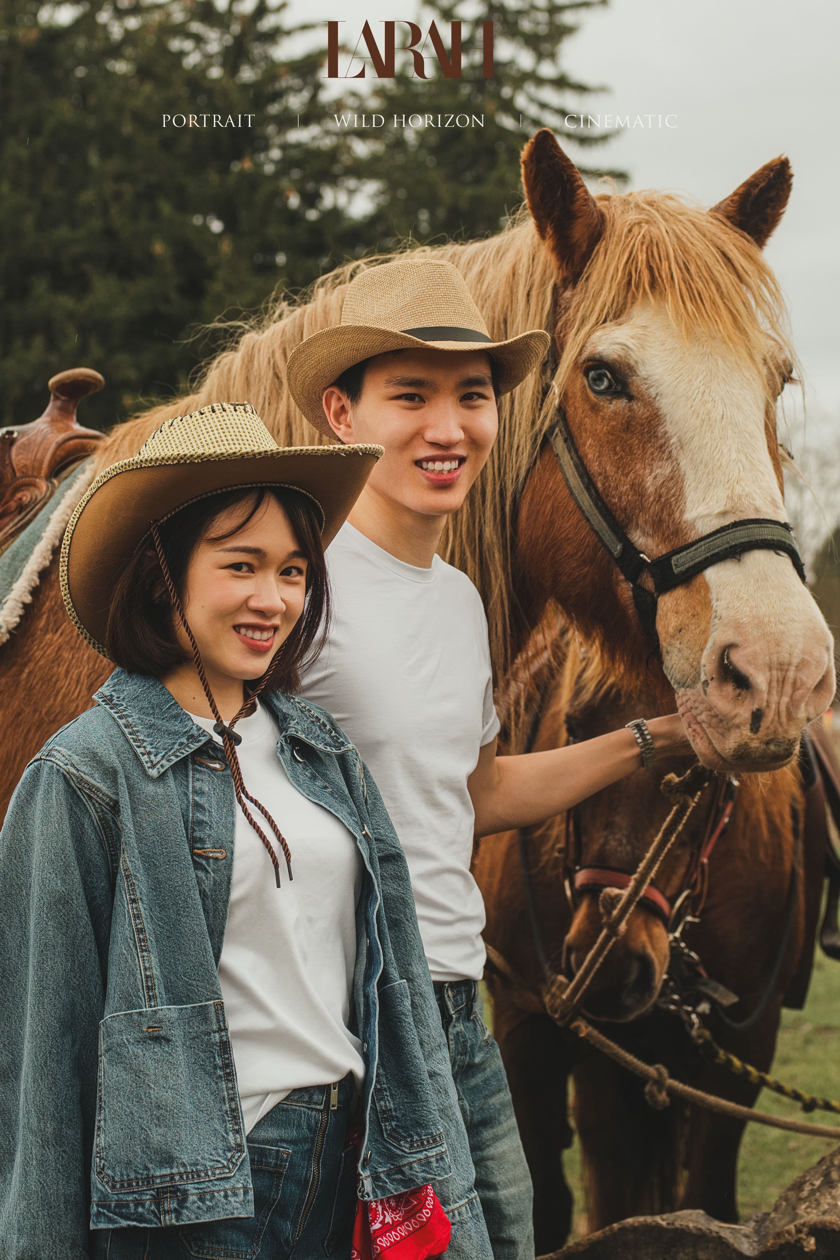 Couple portrait with a horse in a countryside setting