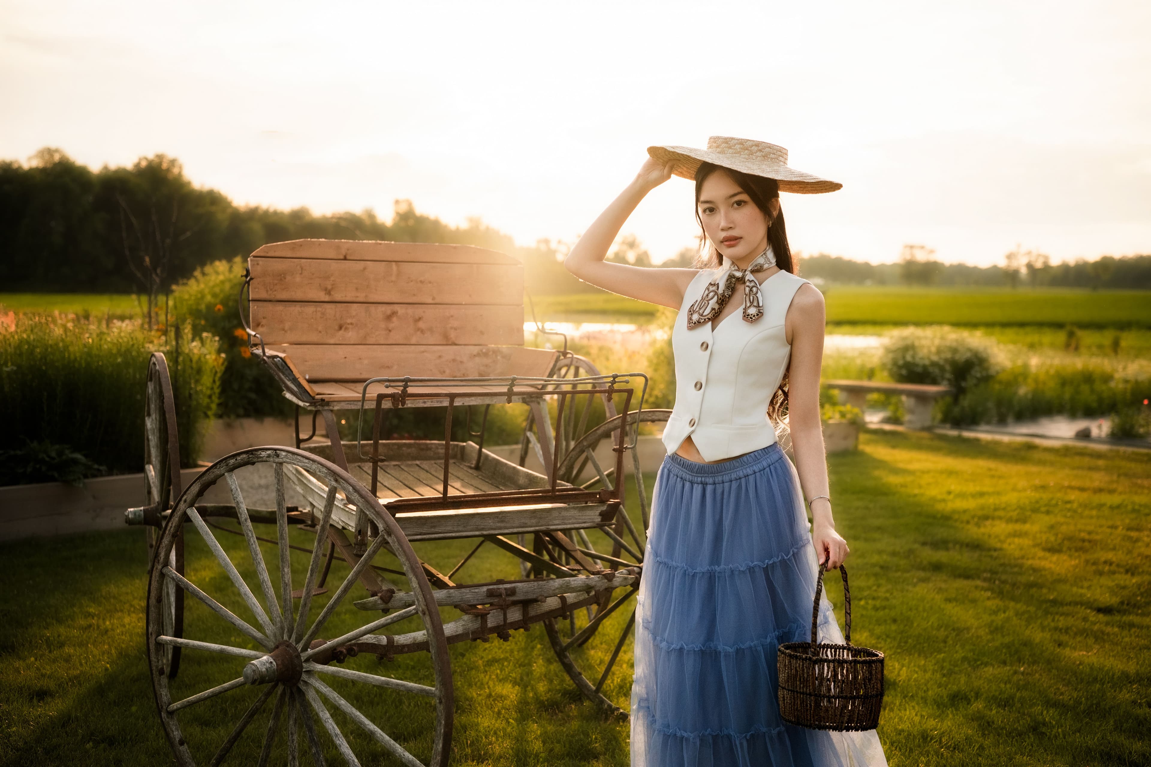 Golden hour portrait with a vintage wagon.